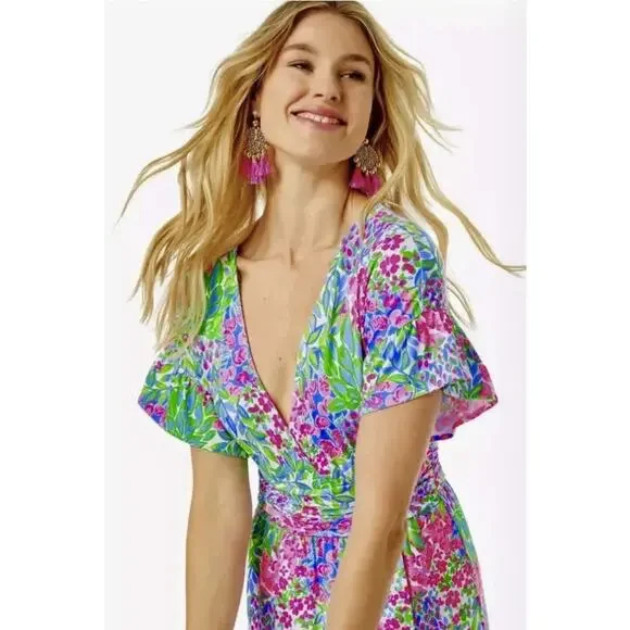 Lilly Pulitzer Juliet Ruffle V-Neck Flowy Summer Dress Size Large Beach Resort - Picture 2 of 9